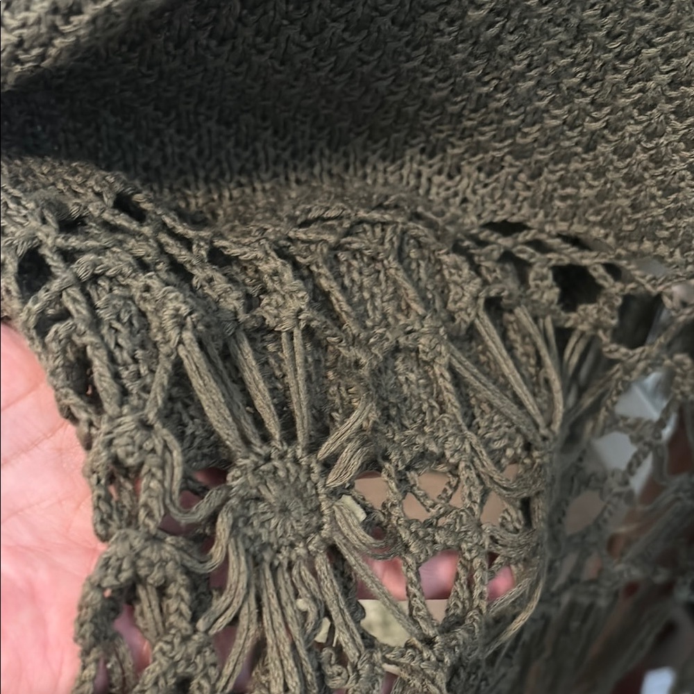 Bohemian Olive Green Knit Sweater with Detailed Bottom Crocheted Stitch Pattern